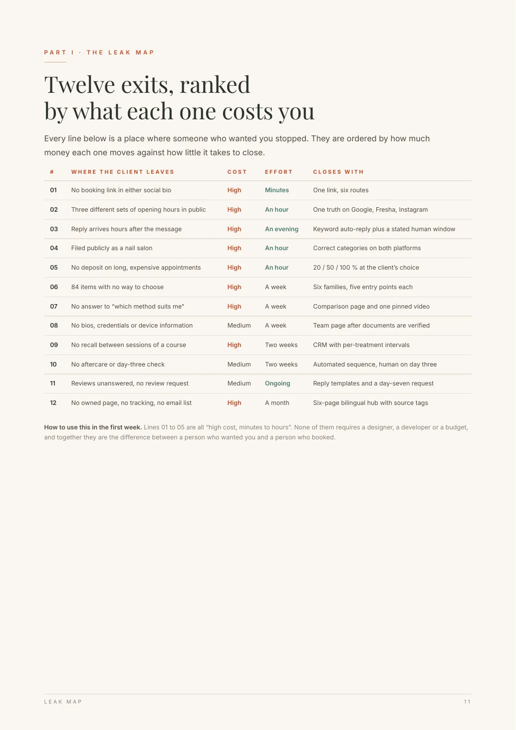 Leak map, anonymized marketing audit excerpt