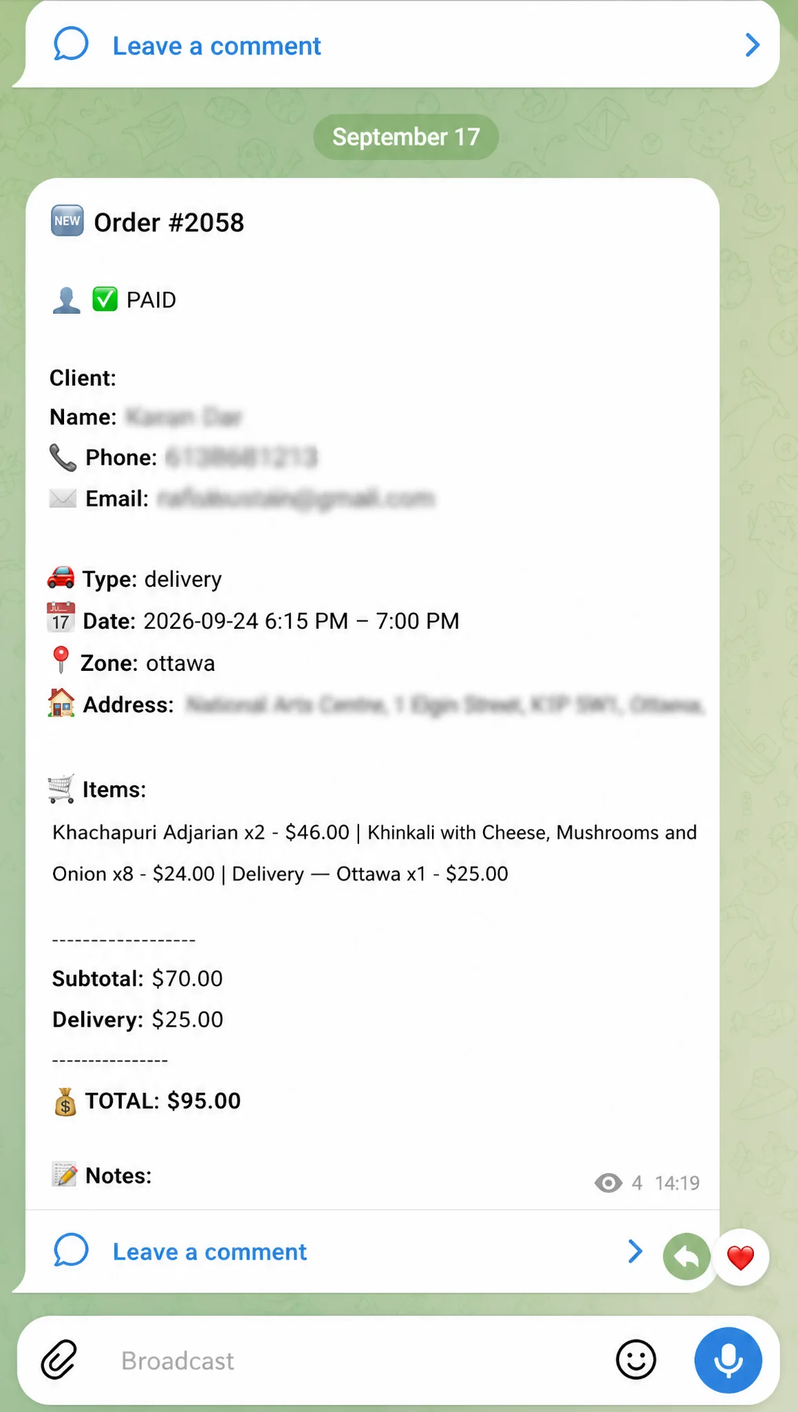 Redacted TUTA paid delivery order for 95 dollars