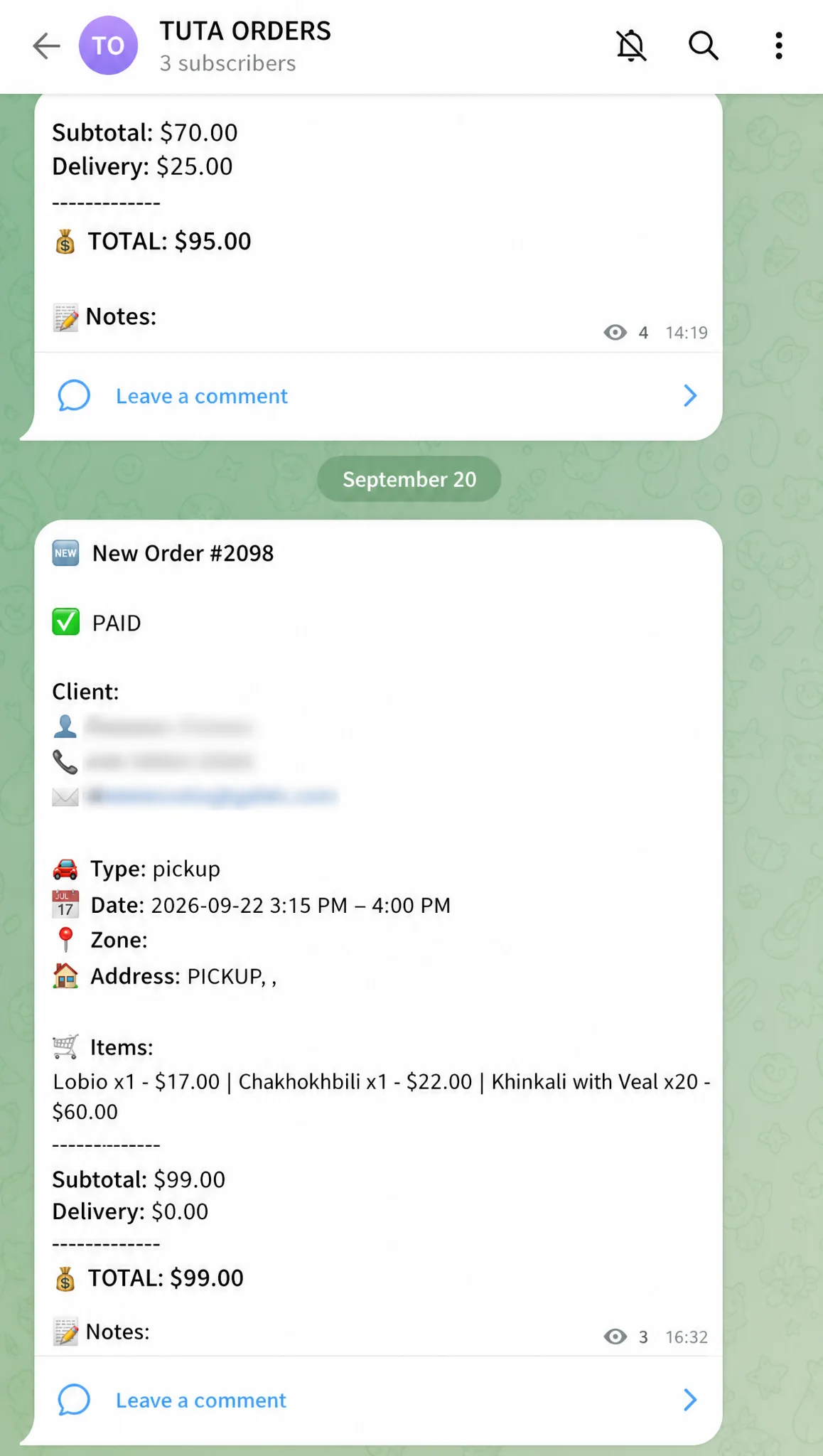 Redacted TUTA paid pickup order for 99 dollars